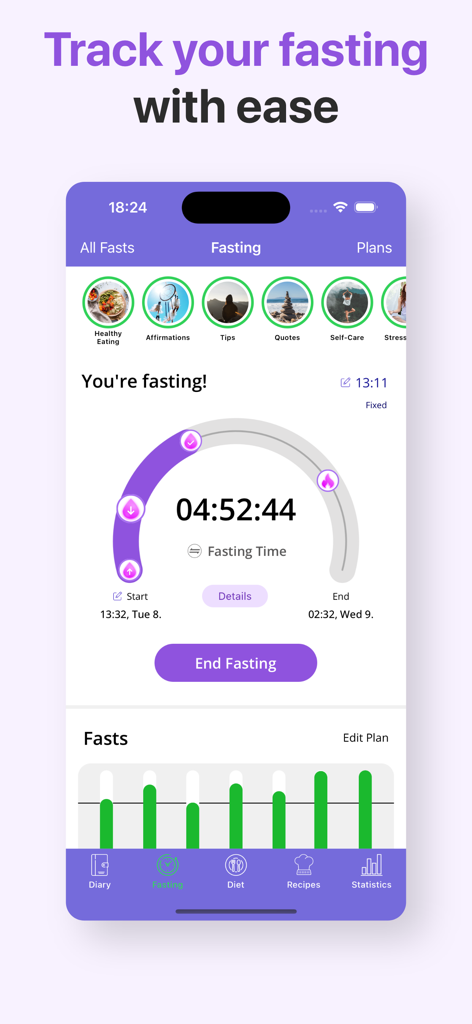 Intermittent Fasting - Fastik - Captura de pantalla de la aplicación Fastik que muestra un temporizador activo de ayuno intermitente y un gráfico de progreso diario