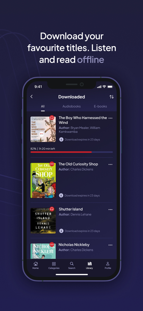 Voxa mobile app screen showing downloaded books and audiobooks for offline use