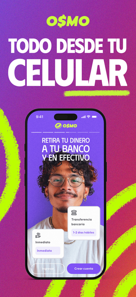 Osmo Money - Smartphone screen of Osmo Money app displaying options for bank and cash withdrawals in Spanish
