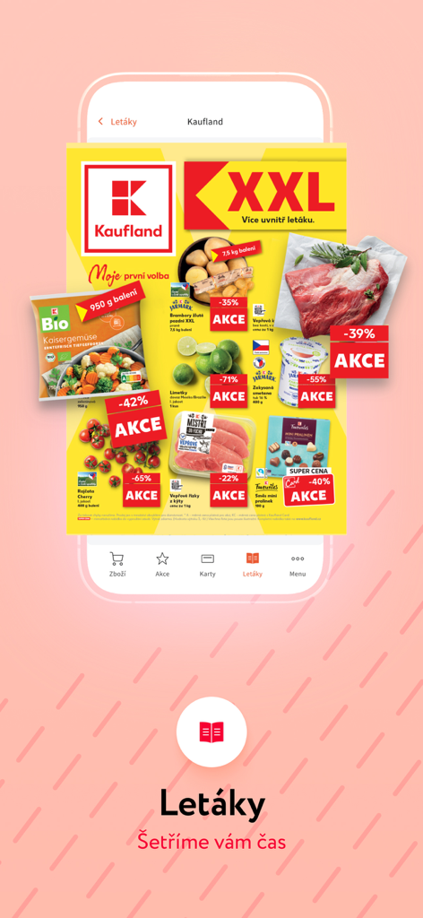 Portmonka - věrnostní karty - Portmonkaアプリのインターフェース。様々な食料品の割引や特別オファーが表示されたデジタルカウフランドのセールチラシが表示されている。