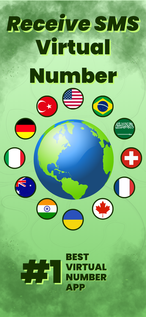 Una grafica promozionale per l'app Numero Virtuale con un globo circondato da bandiere internazionali per rappresentare la ricezione SMS globale.