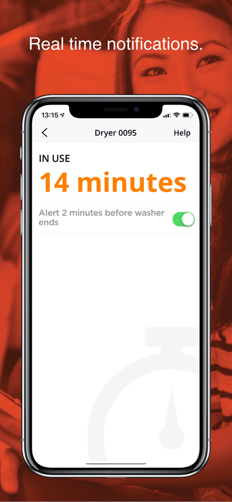 Tela do aplicativo móvel Speed Queen exibindo uma contagem regressiva de ciclo de lavanderia e configurações de notificação em tempo real