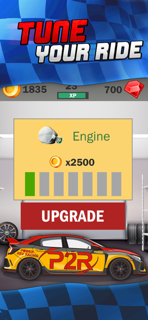 P2R Power Rev Racing - Engine upgrade and car customization screen in P2R Power Rev Racing