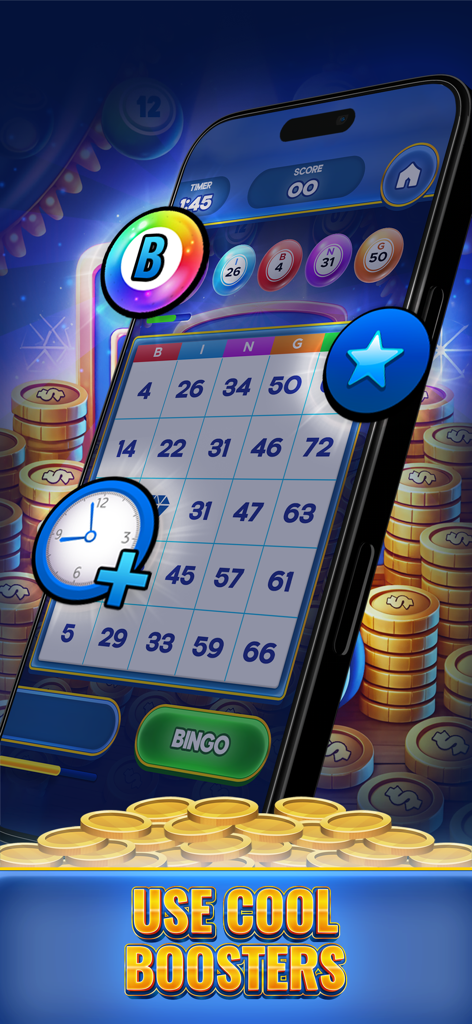 Cash Prize Bingo - Smartphone displaying a Cash Prize Bingo game card and booster icons with gold coins background