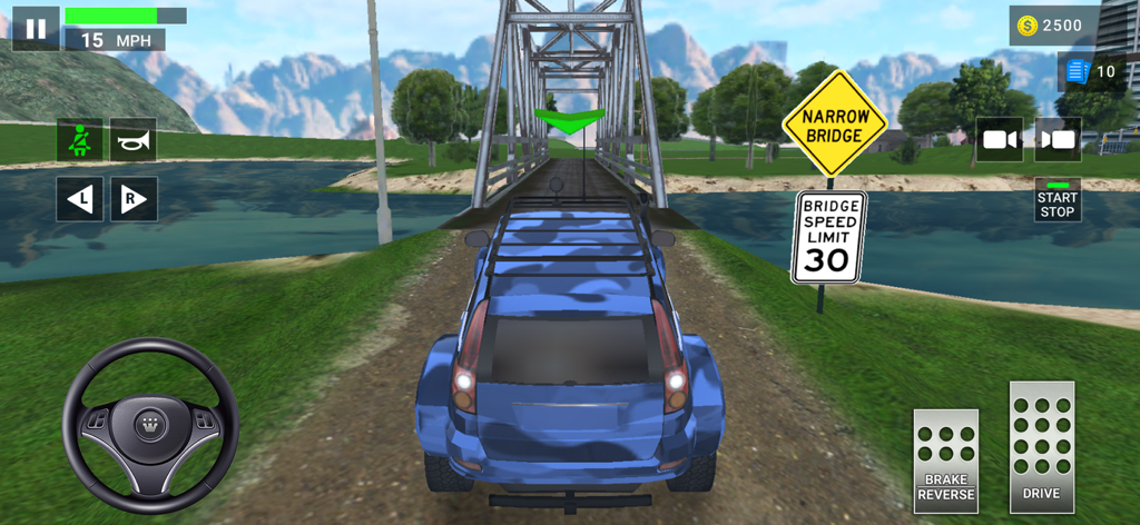 Driving Academy 2: 3D Car Game - Un coche de camuflaje azul se acerca a un puente estrecho en un juego simulador de conducción 3D con señales de tráfico