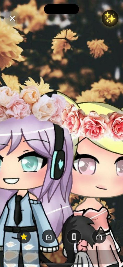 Two cute Gacha characters wearing flower crowns on a floral background