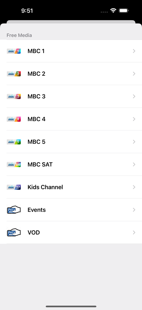 MBC Play - Una pantalla de menú dentro de la aplicación MBC Play que muestra una lista de canales de TV en vivo de la Mauritius Broadcasting Corporation, incluyendo MBC 1 y MBC SAT.
