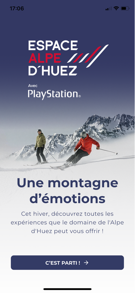 Welcome screen of the Alpe d Huez app with skiers and a mountain view