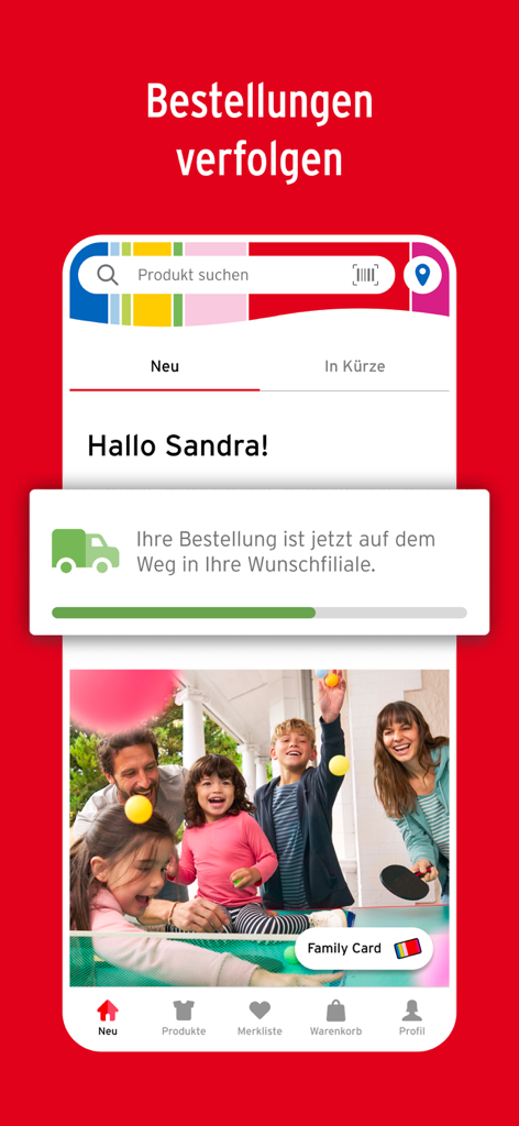 Ernstings Familien-App-Oberfläche zeigt den Bestellverfolgungsstatus und die Familien-Kundenkarte