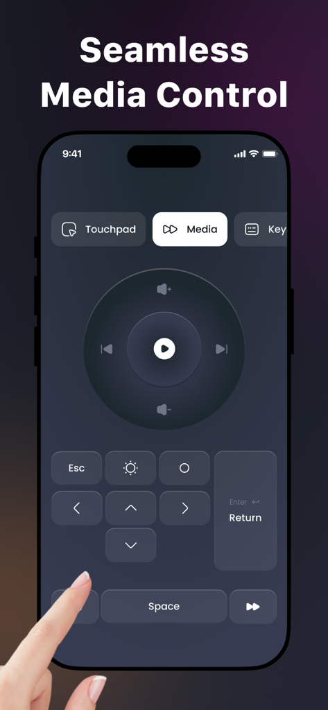 Remote Mouse & Keyboard - Remote Mouse and Keyboard app interface showing seamless media control features on an iPhone