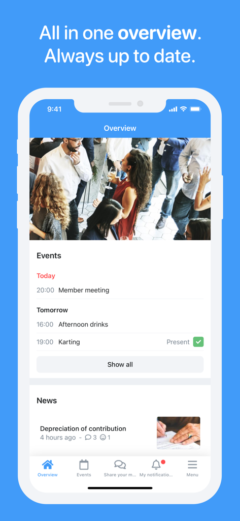 Socie - Socie app dashboard showing community events calendar and recent news updates
