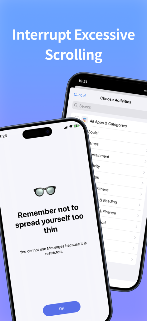 Screen Time Control - App Lock - Interface of Screen Time Control app showing a restriction reminder to interrupt excessive scrolling and a menu to choose app categories for blocking.