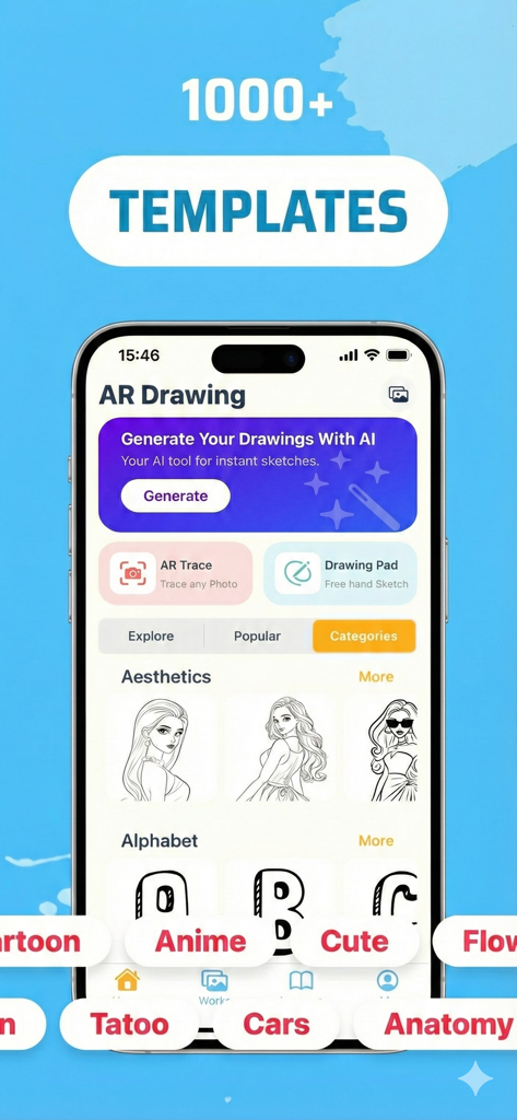 AR Drawing app interface showing AI generation and over 1000 drawing templates
