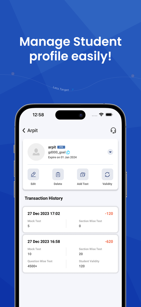 Gurully Institute - Gurully Institute mobile app screen for managing student profiles and viewing transaction history.