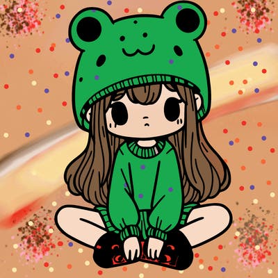 a girl wearing a frog hat and some frog socks