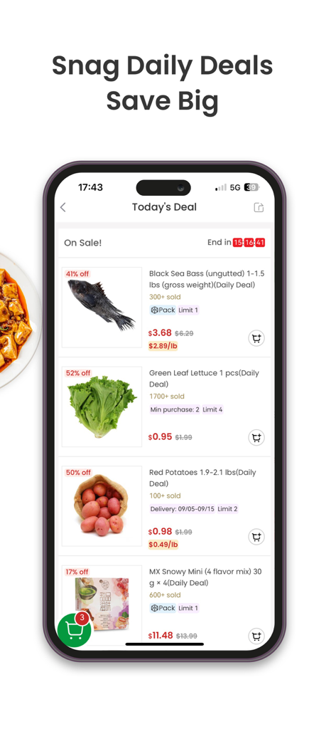 FreshGoGo Asian Grocery & Food - FreshGoGo mobile app interface showing daily deals on fresh Asian groceries including sea bass and lettuce.