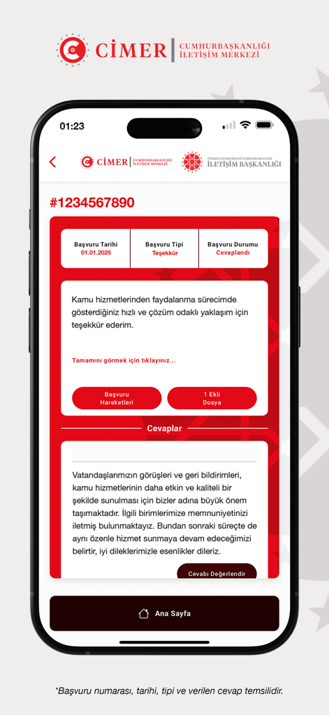 Cimer Mobil - Smartphone-Bildschirm mit einem beantworteten Antragsdetail mit Status und offizieller Antwort in der Cimer Mobil App.