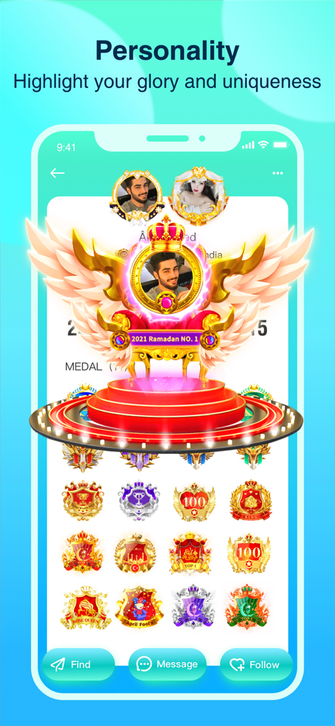 Falla-Make new friends - Falla app personality page showing a user profile decorated with digital medals and virtual achievement badges