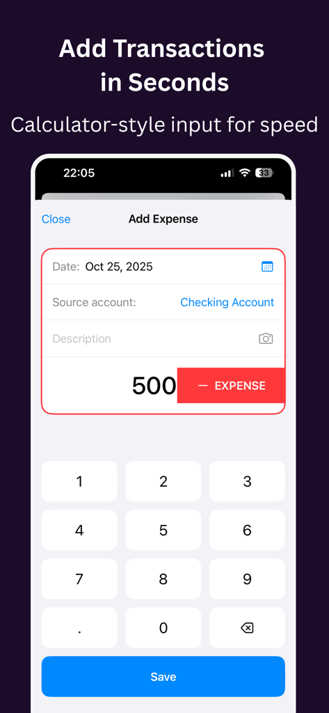 Pocket - Budget Tracker - Pocket app manual expense entry screen with numeric keypad