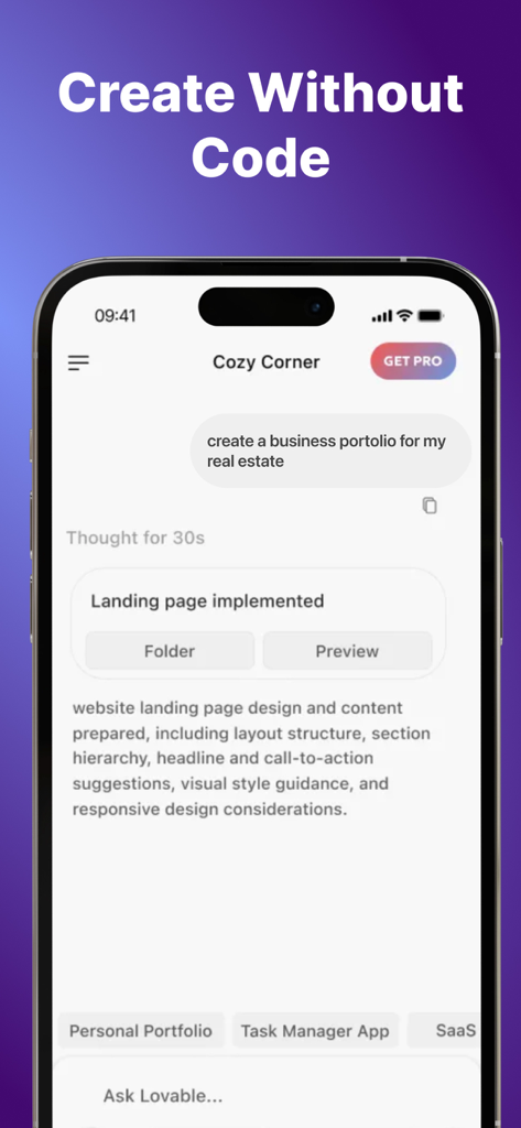 Interfaz de aplicación móvil de Lovable AI Website Builder que muestra un prompt de chat para crear un portafolio de negocios inmobiliarios sin código