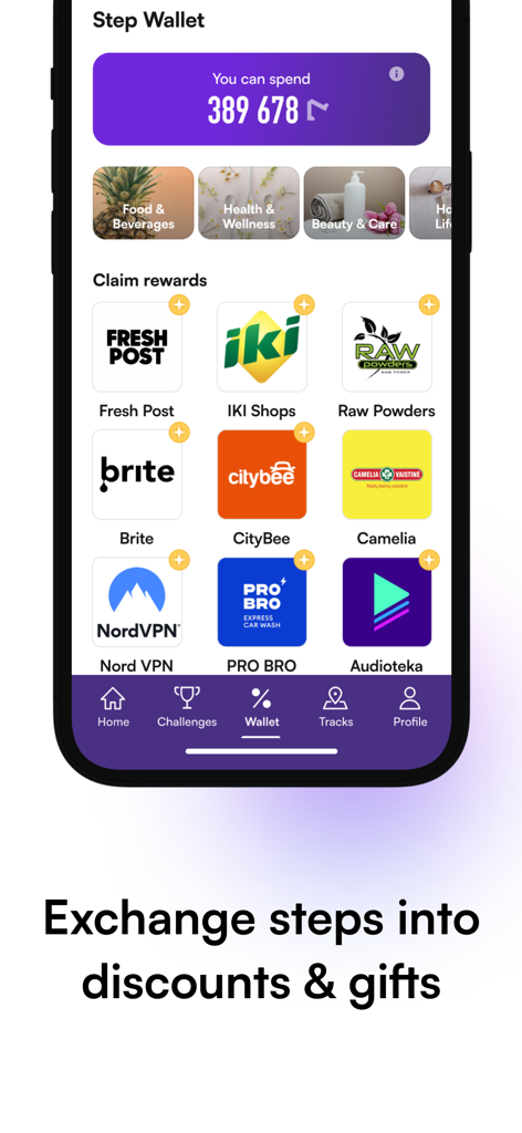 #walk15 – Useful Steps App - walk15 app step wallet showing brand rewards and step balance for discounts