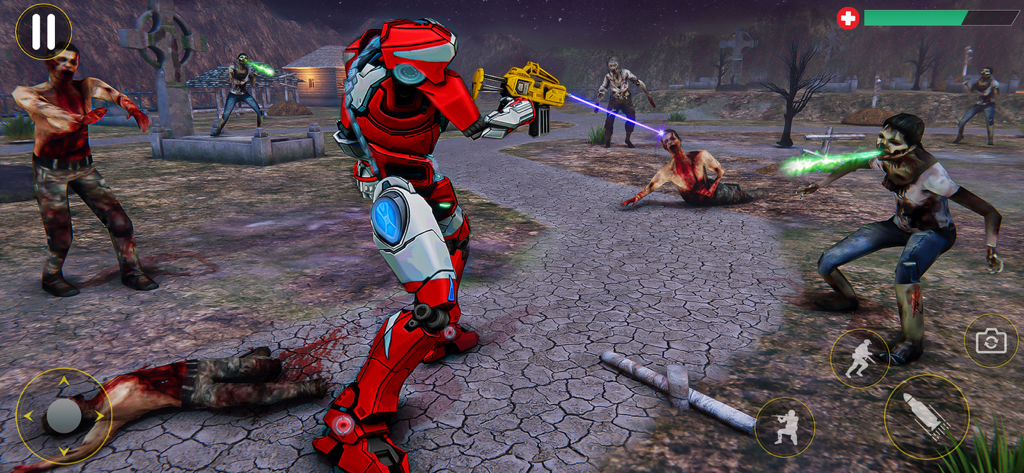 Robot Car Transform Wars Games - A red combat robot shooting a laser at zombies in a graveyard setting