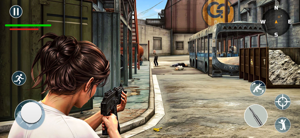 Gang Games : Crime City War 3D - Third person shooter gameplay from Gang Games Crime City War 3D showing a character holding a gun in an industrial city environment.