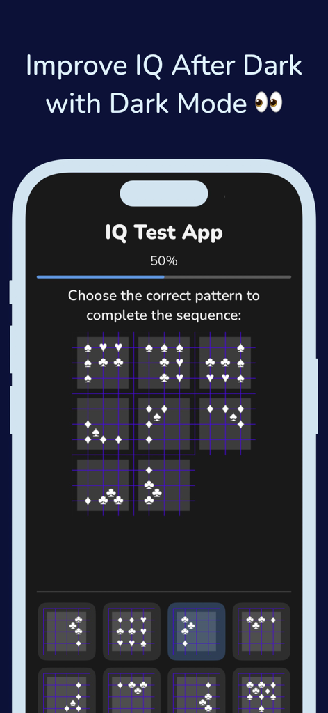 IQ Test - Aptitude Test - IQ Test app showing a pattern recognition sequence puzzle in dark mode.
