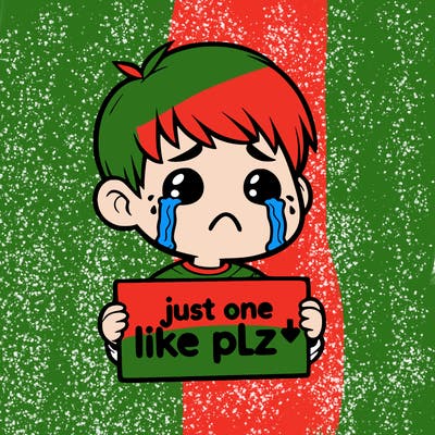 realistic crying boy with a sign saying just one like plz