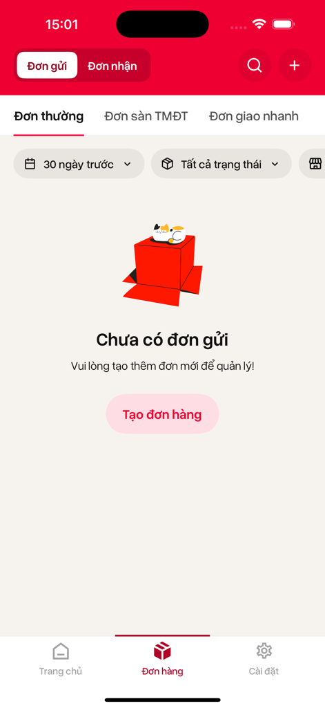 Viettel Post - 새 배송 주문을 생성하는 버튼이 있는 주문 관리 화면을 보여주는 Viettel Post 앱 인터페이스.