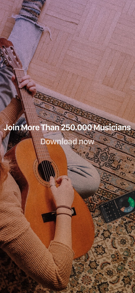 TONALY: Write & Practice Songs - A musician playing acoustic guitar while using the Tonaly app on a smartphone