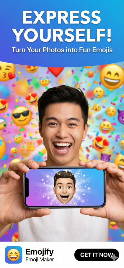 Emojify – Emoji Maker - Un hombre sosteniendo un teléfono que muestra un emoji personalizado creado a partir de su foto usando la aplicación Emojify.