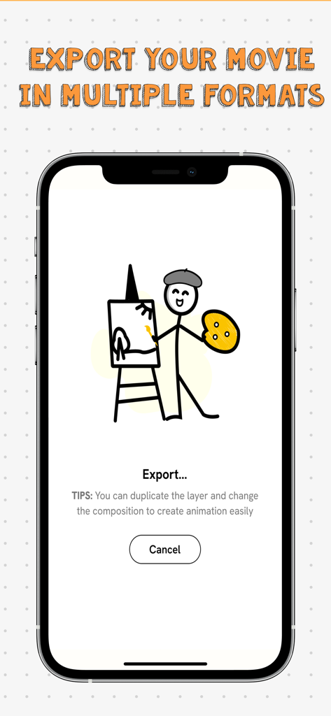 2d animation creator, stickman - A mobile app screen for exporting stickman animations in multiple formats.