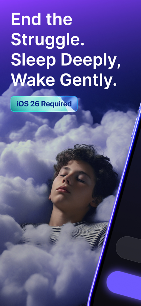 Sleepscape app screen showing a person sleeping peacefully among white clouds with the text End the Struggle Sleep Deeply Wake Gently