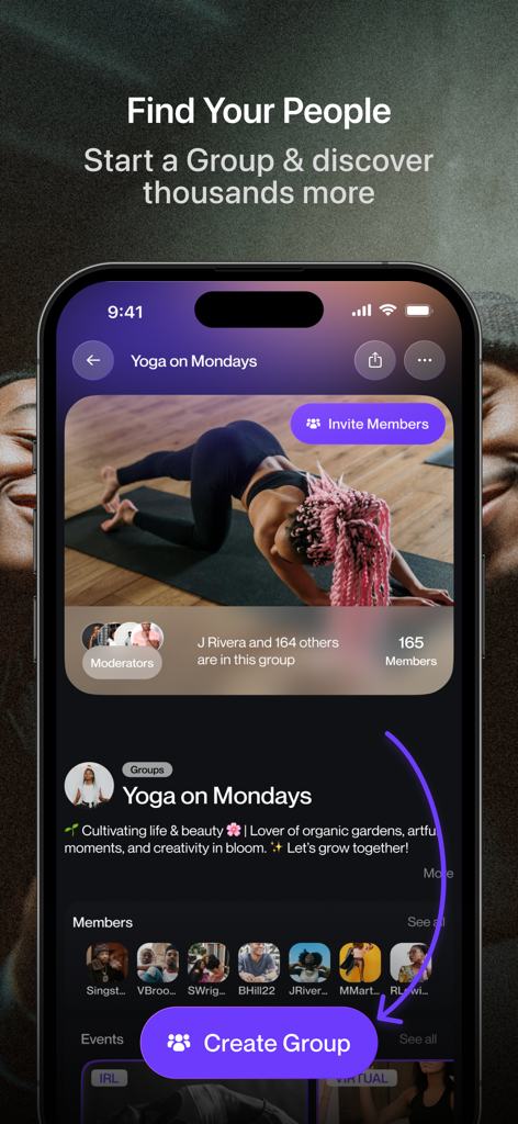 Mobile interface of the Spill app showing a Yoga on Mondays community group with a create group button