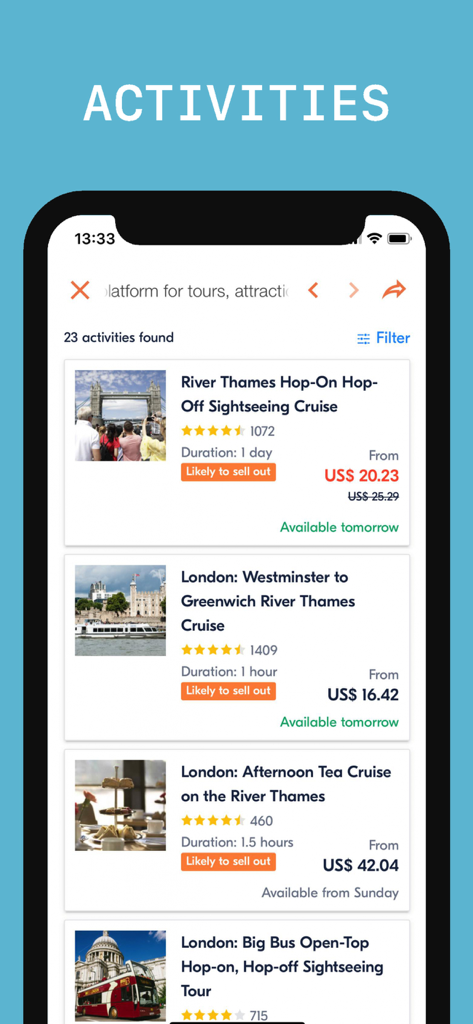 Tate Modern Visitor Guide - Mobile app screen listing London sightseeing tours and river cruises with prices in US dollars