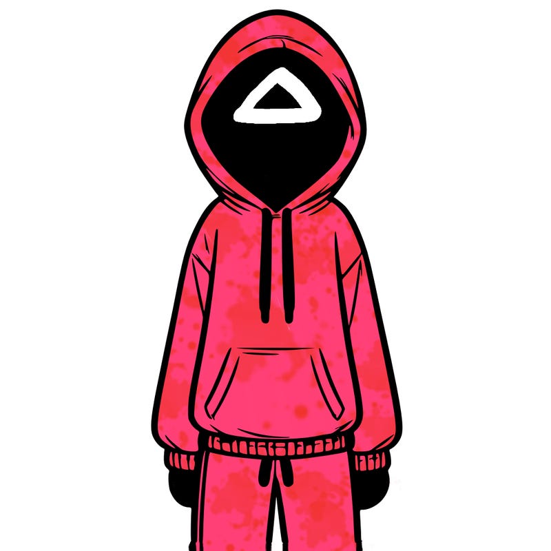 faceless girl in a tracksuit with a hood on and no hair