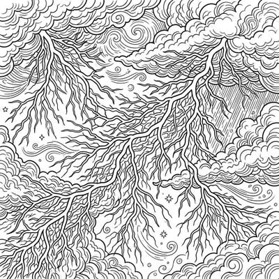 Witness the dramatic beauty of spider lightning in this highly detailed adult coloring page. Its intricate patterns and stormy sky invite hours of creative relaxation and artistic exploration.