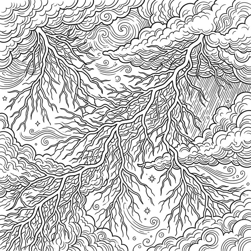 Witness the dramatic beauty of spider lightning in this highly detailed adult coloring page. Its intricate patterns and stormy sky invite hours of creative relaxation and artistic exploration.