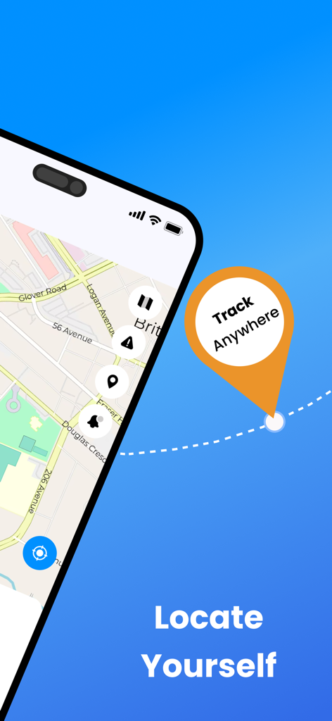 Smartphone screen showing a GPS navigation map with a Track Anywhere location pin and Locate Yourself text.