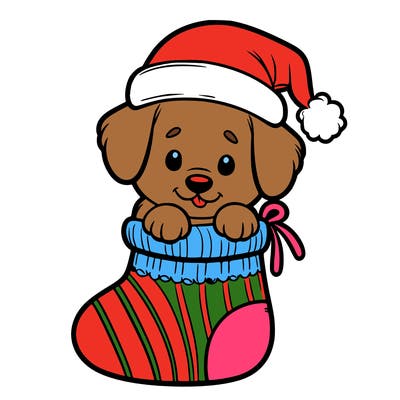 cute puppy wearing santa hat in socking