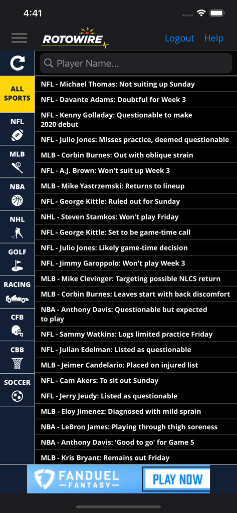 L'interface de l'application RotoWire affiche un flux en direct d'actualités et de mises à jour sur le statut des joueurs de fantasy sports.