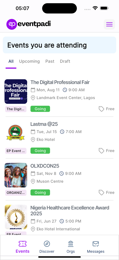 EventPadi - Interfaz de la aplicación móvil EventPadi que muestra una lista de eventos a los que el usuario está asistiendo, incluidas fechas y ubicaciones.