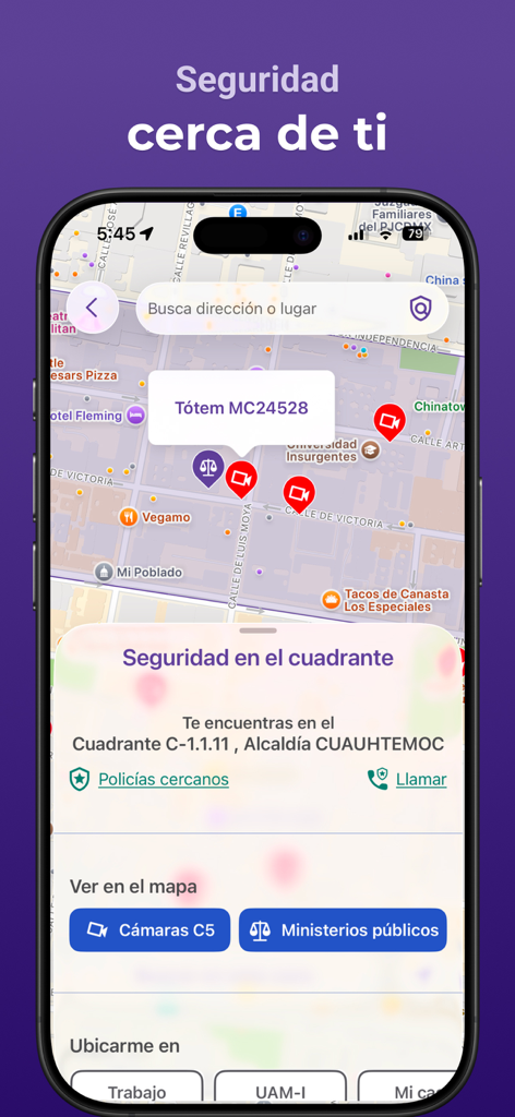 Interface of the CDMX app showing a map with nearby security cameras and emergency services.
