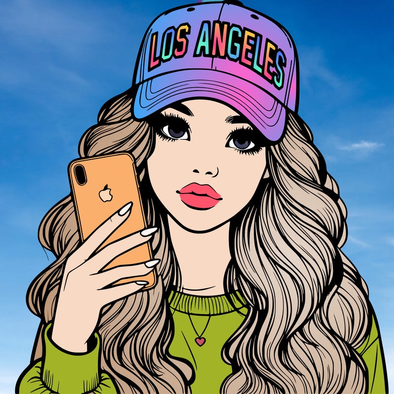 realistic beautiful girl wearing los ángeles cap holding an iphone