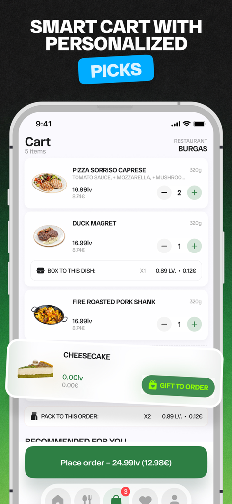 Intelligente Warenkorb-Oberfläche der La Flor Bar and Grill App mit Essensartikeln und einem kostenlosen Geschenk