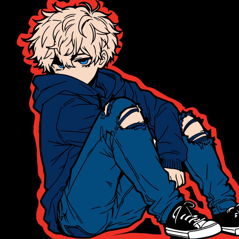 a male hoddie ripped jeans messy hair anime
