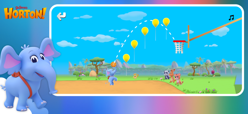 Netflix Playground - Horton del Dr Seuss che tira a canestro nell'app Netflix Playground