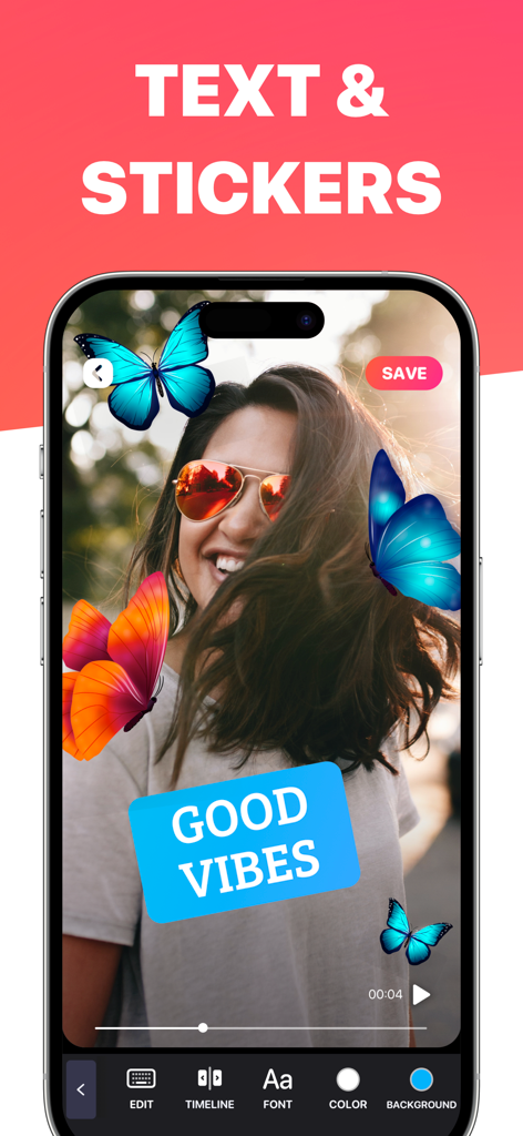 Reel Maker - Reel Maker app interface showing how to add text and butterfly stickers to a video.