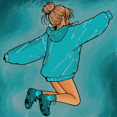 realistic girl jumping with a bun and oversized sweatshirt